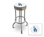 Bar Stool 29" Tall Chrome Finish Retro Style Backless Stool Featuring the LA Dodgers MLB Team Logo Decal on a White Vinyl Covered Swivel Seat Cushion
