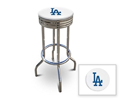 Bar Stool 29" Tall Chrome Finish Retro Style Backless Stool Featuring the LA Dodgers MLB Team Logo Decal on a White Vinyl Covered Swivel Seat Cushion