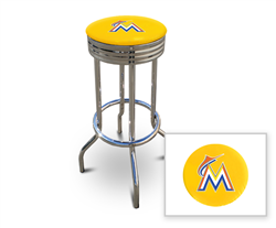 Bar Stool 29" Tall Chrome Finish Retro Style Backless Stool Featuring the Miami Marlins MLB Team Logo Decal on a Yellow Vinyl Covered Swivel Seat Cushion
