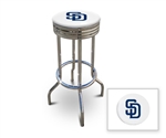 Bar Stool 29" Tall Chrome Finish Retro Style Backless Stool Featuring the San Diego Padres MLB Team Logo Decal on a White Vinyl Covered Swivel Seat Cushion