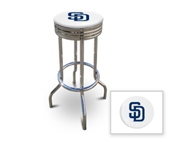 Bar Stool 29" Tall Chrome Finish Retro Style Backless Stool Featuring the San Diego Padres MLB Team Logo Decal on a White Vinyl Covered Swivel Seat Cushion