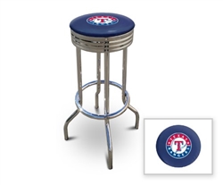Bar Stool 29" Tall Chrome Finish Retro Style Backless Stool Featuring the Texas Rangers MLB Team Logo Decal on a Blue Vinyl Covered Swivel Seat Cushion