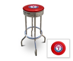 Bar Stool 29" Tall Chrome Finish Retro Style Backless Stool Featuring the Texas Rangers MLB Team Logo Decal on a Red Vinyl Covered Swivel Seat Cushion