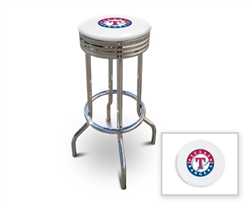 Bar Stool 29" Tall Chrome Finish Retro Style Backless Stool Featuring the Texas Rangers MLB Team Logo Decal on a White Vinyl Covered Swivel Seat Cushion