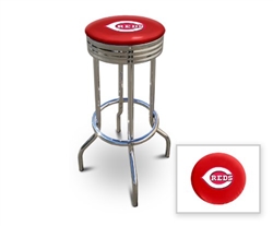 Bar Stool 29" Tall Chrome Finish Retro Style Backless Stool Featuring the Cincinnati Reds MLB Team Logo Decal on a Red Vinyl Covered Swivel Seat Cushion