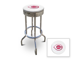 Bar Stool 29" Tall Chrome Finish Retro Style Backless Stool Featuring the Cincinnati Reds MLB Team Logo Decal on a White Vinyl Covered Swivel Seat Cushion