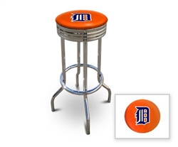 Bar Stool 29" Tall Chrome Finish Retro Style Backless Stool Featuring the Detroit Tigers MLB Team Logo Decal on an Orange Vinyl Covered Swivel Seat Cushion