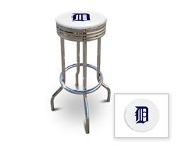 Bar Stool 29" Tall Chrome Finish Retro Style Backless Stool Featuring the Detroit Tigers MLB Team Logo Decal on a White Vinyl Covered Swivel Seat Cushion