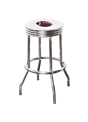 Bar Stool 29" Tall Chrome Finish Retro Style Backless Stool Featuring a Football Decal on a White Vinyl Covered Swivel Seat Cushion