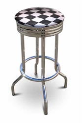 Bar Stool 29" Tall Chrome Finish Retro Style Backless Stool Featuring Nascar Checkered Flag Fabric Covered Swivel Seat Cushion