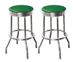 Bar Stools 24" Tall Set of 2 Chrome Retro Style Backless Stools with Emerald Green Glitter Vinyl Covered Swivel Seat Cushions