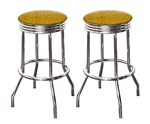 Bar Stools 24" Tall Set of 2 Chrome Retro Style Backless Stools with Gold Glitter Vinyl Covered Swivel Seat Cushions