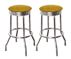 Bar Stools 24" Tall Set of 2 Chrome Retro Style Backless Stools with Gold Glitter Vinyl Covered Swivel Seat Cushions