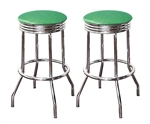 Bar Stools 24" Tall Set of 2 Chrome Retro Style Backless Stools with Green Glitter Vinyl Covered Swivel Seat Cushions