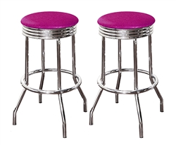 Bar Stools 24" Tall Set of 2 Chrome Retro Style Backless Stools with Hot Pink Glitter Vinyl Covered Swivel Seat Cushions