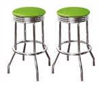 Bar Stools 24" Tall Set of 2 Chrome Retro Style Backless Stools with Lime Green Glitter Vinyl Covered Swivel Seat Cushions