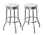 Bar Stools 24" Tall Set of 2 Chrome Retro Style Backless Stools with White Glitter Vinyl Covered Swivel Seat Cushions