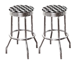 Bar Stools Set of 2 - 29" Tall Chrome Finish Retro Style Backless Stools Featuring Nascar Checkered Flag Racing Theme Fabric Covered Swivel Seat Cushions with a Clear Vinyl Cover