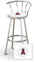 Bar Stool 29" Tall Chrome Finish Stool with a Backrest Featuring the Anaheim Angels MLB Team Logo Decal on a White Vinyl Covered Swivel Seat Cushion