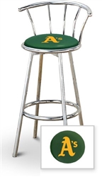 Bar Stool 29" Tall Chrome Finish Stool with a Backrest Featuring the Oakland A's MLB Team Logo Decal on a Green Vinyl Covered Swivel Seat Cushion