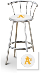 Bar Stool 29" Tall Chrome Finish Stool with a Backrest Featuring the Oakland A's MLB Team Logo Decal on a White Vinyl Covered Swivel Seat Cushion