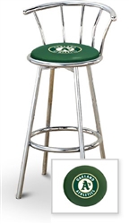 Bar Stool 29" Tall Chrome Finish Stool with a Backrest Featuring the Oakland Athletics MLB Team Logo Decal on a Green Vinyl Covered Swivel Seat Cushion