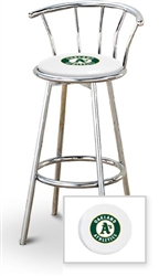 Bar Stool 29" Tall Chrome Finish Stool with a Backrest Featuring the Oakland Athletics MLB Team Logo Decal on a White Vinyl Covered Swivel Seat Cushion