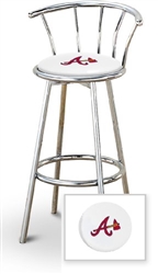 Bar Stool 29" Tall Chrome Finish Stool with a Backrest Featuring the Atlanta Braves MLB Team Logo Decal on a White Vinyl Covered Swivel Seat Cushion
