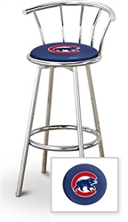 Bar Stool 29" Tall Chrome Finish Stool with a Backrest Featuring the Chicago Cubs MLB Team Logo Decal on a Blue Vinyl Covered Swivel Seat Cushion