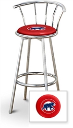 Bar Stool 29" Tall Chrome Finish Stool with a Backrest Featuring the Chicago Cubs MLB Team Logo Decal on a Red Vinyl Covered Swivel Seat Cushion