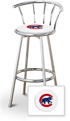 Bar Stool 29" Tall Chrome Finish Stool with a Backrest Featuring the Chicago Cubs MLB Team Logo Decal on a White Vinyl Covered Swivel Seat Cushion