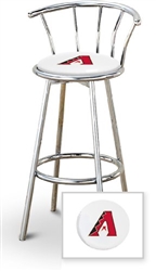 Bar Stool 29" Tall Chrome Finish Stool with a Backrest Featuring the Arizona Diamondbacks MLB Team Logo Decal on a White Vinyl Covered Swivel Seat Cushion