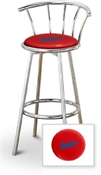 Bar Stool 29" Tall Chrome Finish Stool with a Backrest Featuring the Los Angeles Dodgers MLB Team Logo Decal on a Red Vinyl Covered Swivel Seat Cushion