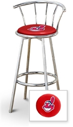 Bar Stool 29" Tall Chrome Finish Stool with a Backrest Featuring the Cleveland Indians MLB Team Logo Decal on a Red Vinyl Covered Swivel Seat Cushion