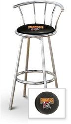 Bar Stool 29" Tall Chrome Finish Stool with a Backrest Featuring the Pittsburgh Pirates MLB Team Logo Decal on a Black Vinyl Covered Swivel Seat Cushion