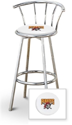 Bar Stool 29" Tall Chrome Finish Stool with a Backrest Featuring the Pittsburgh Pirates MLB Team Logo Decal on a White Vinyl Covered Swivel Seat Cushion