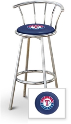 Bar Stool 29" Tall Chrome Finish Stool with a Backrest Featuring the Texas Rangers MLB Team Logo Decal on a Blue Vinyl Covered Swivel Seat Cushion