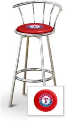 Bar Stool 29" Tall Chrome Finish Stool with a Backrest Featuring the Texas Rangers MLB Team Logo Decal on a Red Vinyl Covered Swivel Seat Cushion