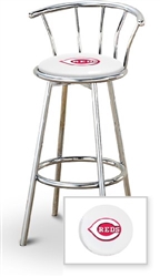 Bar Stool 29" Tall Chrome Finish Stool with a Backrest Featuring the Cincinnati Reds MLB Team Logo Decal on a White Vinyl Covered Swivel Seat Cushion