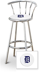 Bar Stool 29" Tall Chrome Finish Stool with a Backrest Featuring the Detroit Tigers MLB Team Logo Decal on a White Vinyl Covered Swivel Seat Cushion