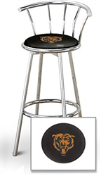 Bar Stool 29" Tall Chrome Finish Stool with a Backrest Featuring the Chicago Bears NFL Team Logo Decal on a Black Vinyl Covered Swivel Seat Cushion