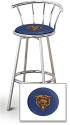 Bar Stool 29" Tall Chrome Finish Stool with a Backrest Featuring the Chicago Bears NFL Team Logo Decal on a Blue Vinyl Covered Swivel Seat Cushion