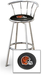 Bar Stool 29" Tall Chrome Finish Stool with a Backrest Featuring the Cincinnati Bengals Helmet NFL Team Logo Decal on a Black Vinyl Covered Swivel Seat Cushion