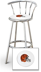Bar Stool 29" Tall Chrome Finish Stool with a Backrest Featuring the Cincinnati Bengals Helmet NFL Team Logo Decal on a White Vinyl Covered Swivel Seat Cushion