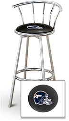 Bar Stool 29" Tall Chrome Finish Stool with a Backrest Featuring the Denver Broncos Helmet NFL Team Logo Decal on a Black Vinyl Covered Swivel Seat Cushion