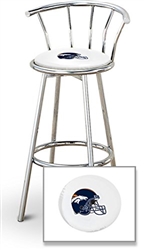 Bar Stool 29" Tall Chrome Finish Stool with a Backrest Featuring the Denver Broncos Helmet NFL Team Logo Decal on a White Vinyl Covered Swivel Seat Cushion