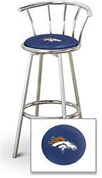 Bar Stool 29" Tall Chrome Finish Stool with a Backrest Featuring the Denver Broncos NFL Team Logo Decal on a Blue Vinyl Covered Swivel Seat Cushion