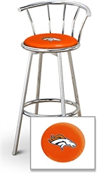 Bar Stool 29" Tall Chrome Finish Stool with a Backrest Featuring the Denver Broncos NFL Team Logo Decal on an Orange Vinyl Covered Swivel Seat Cushion