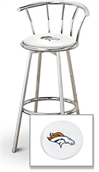 Bar Stool 29" Tall Chrome Finish Stool with a Backrest Featuring the Denver Broncos NFL Team Logo Decal on a White Vinyl Covered Swivel Seat Cushion