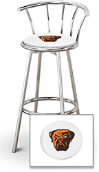 Bar Stool 29" Tall Chrome Finish Stool with a Backrest Featuring the Cleveland Browns Face NFL Team Logo Decal on a White Vinyl Covered Swivel Seat Cushion